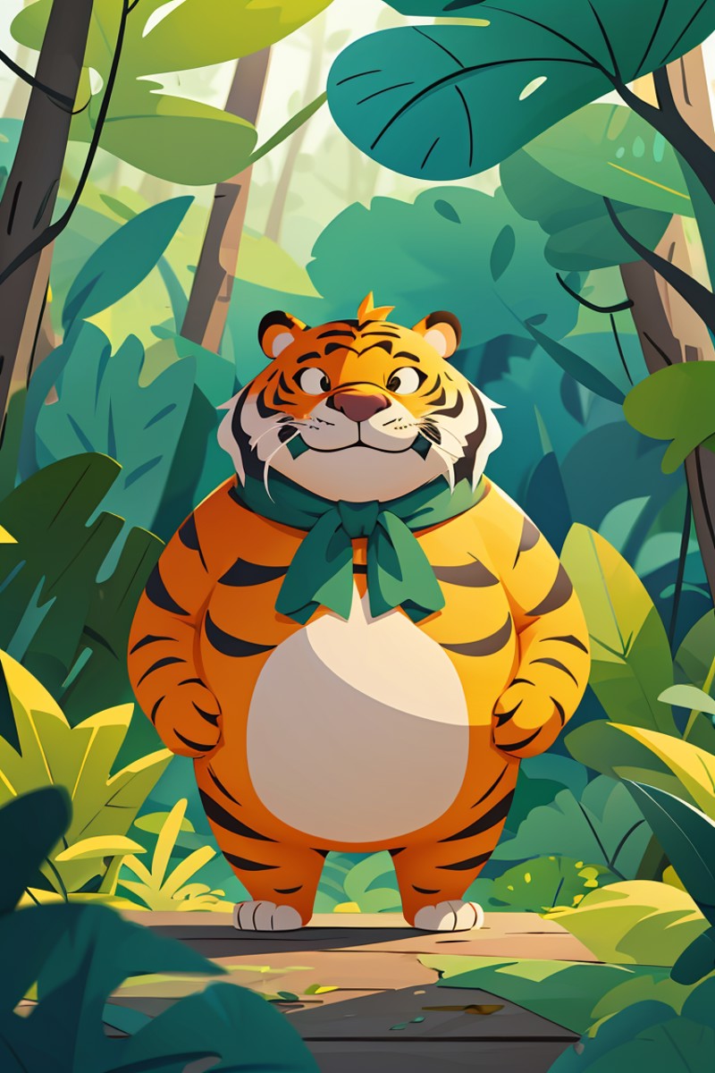 flat vector art,vector illustration,master piece, high quality, fat cute tiger, with a belly, in the forestï¼ <lora:ãå...